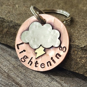 May include: Copper dog tag with a silver cloud and lightning bolt design. The tag says "Lightning" in a cursive font.