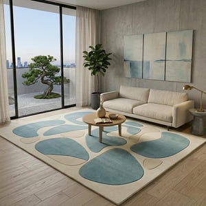 May include: A contemporary living room with a cream and blue patterned rug. A beige sofa, a round wooden coffee table, and abstract artwork are present. A large window offers a view of a bonsai tree and a cityscape. The rug has organic shapes.