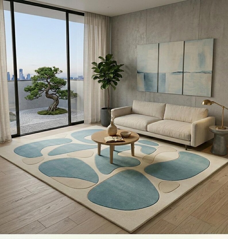 May include: A contemporary living room with a cream and blue patterned rug. A beige sofa, a round wooden coffee table, and abstract artwork are present. A large window offers a view of a bonsai tree and a cityscape. The rug has organic shapes.