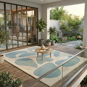 May include: An outdoor living area with a large rug featuring abstract blue and beige shapes. A round wooden coffee table holds a vase and books. The space includes plants, a glass railing, and a view of a garden with a water feature.
