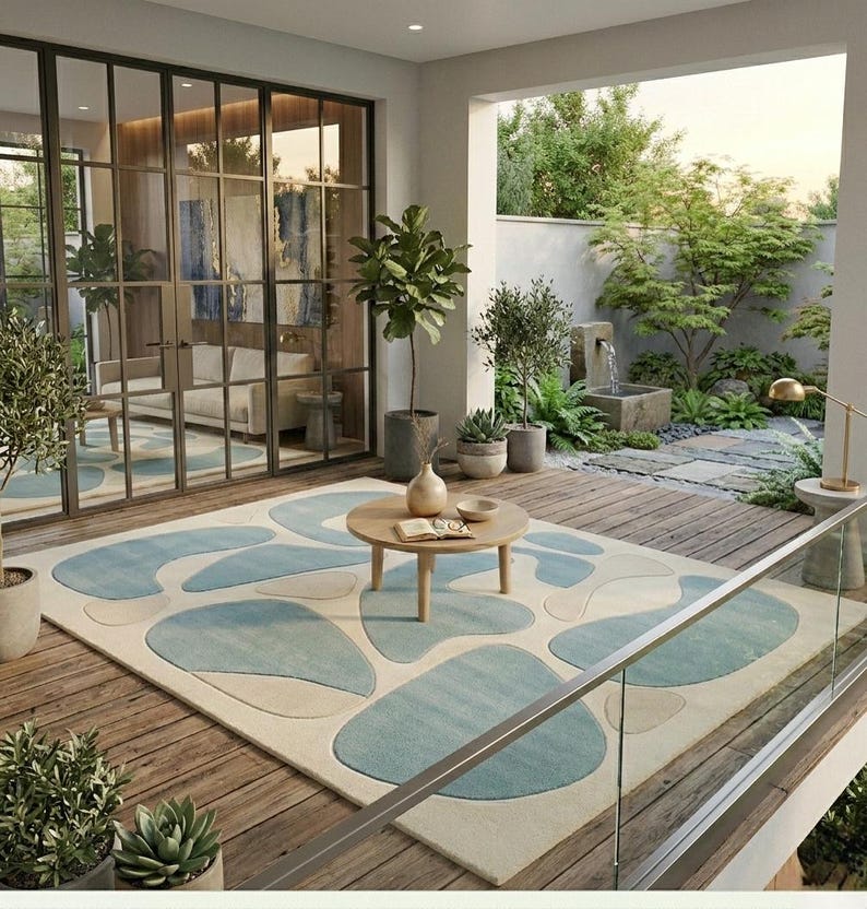 May include: An outdoor living area with a large rug featuring abstract blue and beige shapes. A round wooden coffee table holds a vase and books. The space includes plants, a glass railing, and a view of a garden with a water feature.