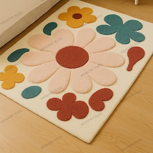 Whimsical Blooms Hand Tufted Wool Rug Pink,Red and yellow Color Flower Rectangle Shape Handmade Custome Area Rug for Bedroom,nursery or Dorm