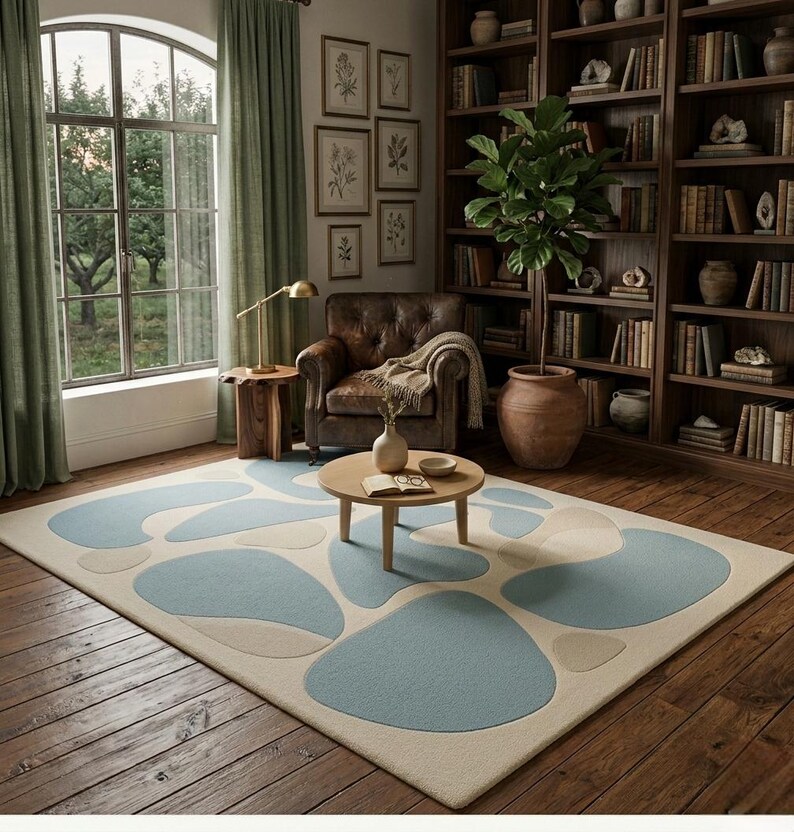 May include: A living room with a patterned rug. The rug has a light beige base with large, irregular shapes in light blue and beige. The room also features a leather armchair, a round coffee table, and a wooden bookcase filled with books.
