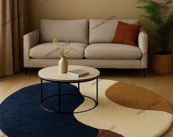 Handmade Wool Round Rug | Abstract Navy, Beige & Brown Mid-Century Carpet