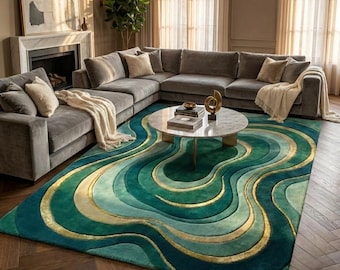 Organic Shaped Modern Hand Tufted Rug, Rectangle Abstract Green Area Carpet for Living Room, Luxury Gold Accent Bedroom Mat