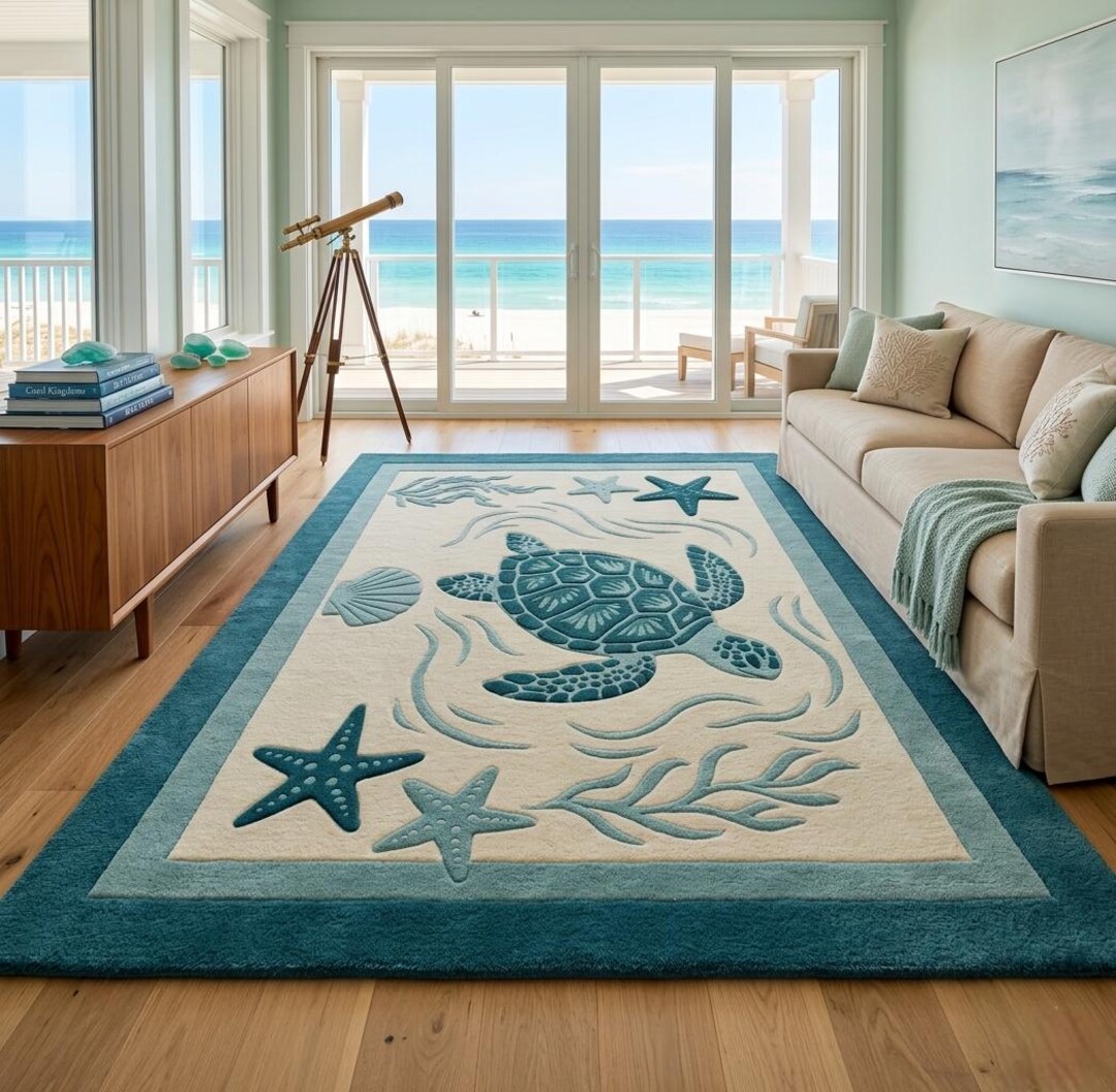 Ocean Theme Rug Sea Turtle Coastal Rug, Ocean Theme Area Mat, Beach House Decor Carpet ...