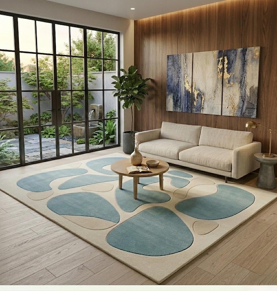 Modern Organic Shape Rug, Blue Cream Abstract Area Mat, Handmade Tufted Carpet, Minimalist Living Room Rug, Contemporary Floor Decor