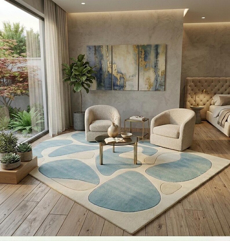 May include: A contemporary living room with a large rug featuring a light blue and cream abstract pattern. Two beige armchairs face a small round coffee table. A triptych painting hangs above the chairs, and a large window is on the left.