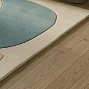 May include: A close-up of a rug featuring a light blue, kidney-shaped design on a cream background, with a dark blue outline. The rug is placed on a wooden floor.