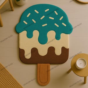 May include: A whimsical ice cream-shaped rug in shades of teal, beige, and brown. The rug features a teal top with beige sprinkles, a beige middle section, and a brown base with a brown stick. This decorative rug is perfect for a child's room or playroom.