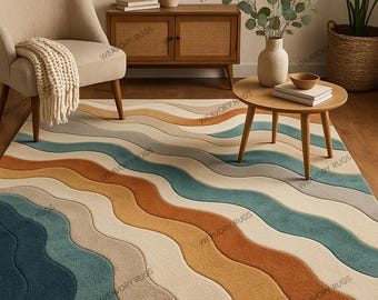 Hand-Tufted Wool Rug, Modern Wavy Abstract Design, Colorful Artistic Floor Mat