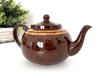 Vintage braune Keramik Teekanne mit cremefarbenen Streifen - rustikale Bauernhaus Küche Dekor