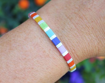Rainbow Tila Pride Bracelet - Glass Tile LGBTQ+ Stretch Bracelet