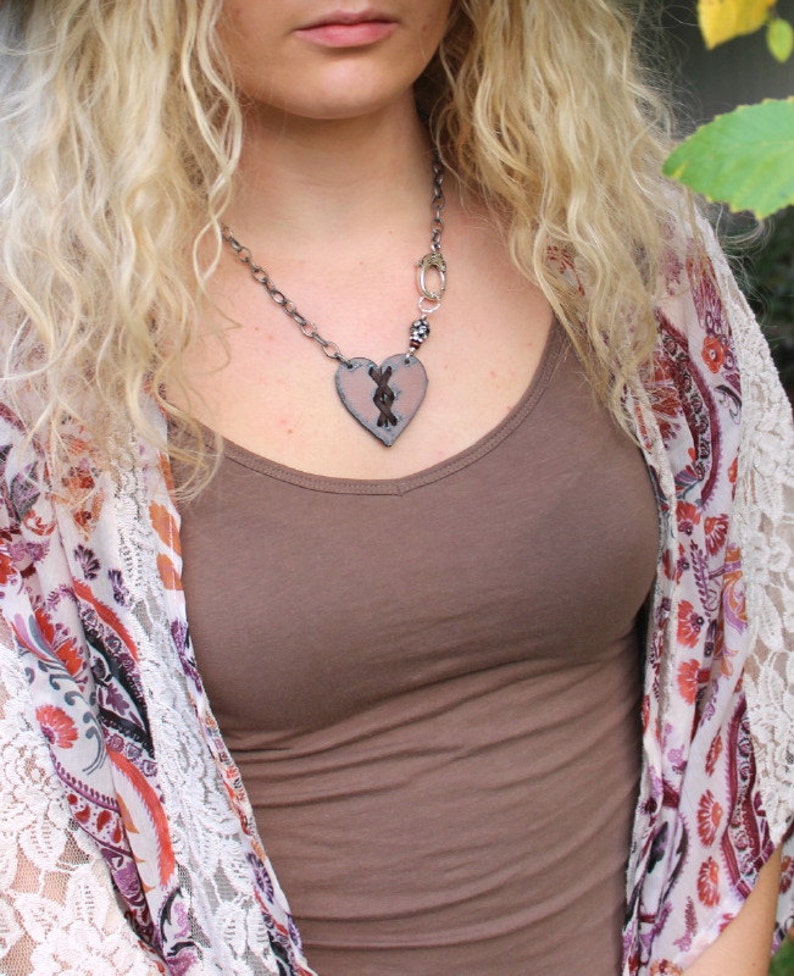 Rusted Iron Heart Bohemian Necklace Cross My Heart, Boho Leather Jewelry image 2