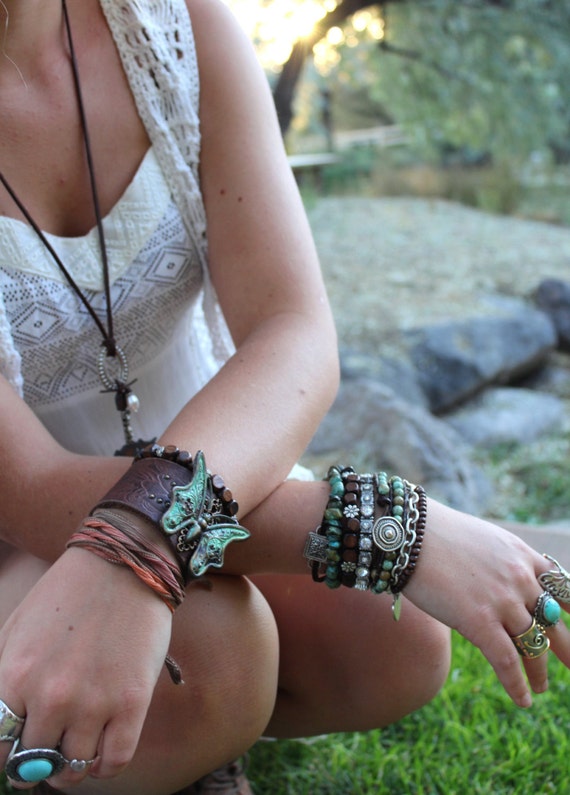 Turquoise Boho Leather Bracelet Stack Featured in Vogue 