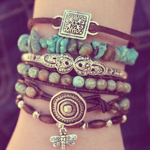 Turquoise Boho Leather Bracelet Stack - Featured In Vogue Magazine - Green Turquoise Bohemian Combo Includes 4 Bracelets