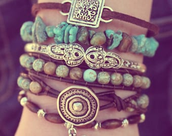Turquoise Boho Leather Bracelet Stack - Featured In Vogue Magazine - Green Turquoise Bohemian Combo Includes 4 Bracelets