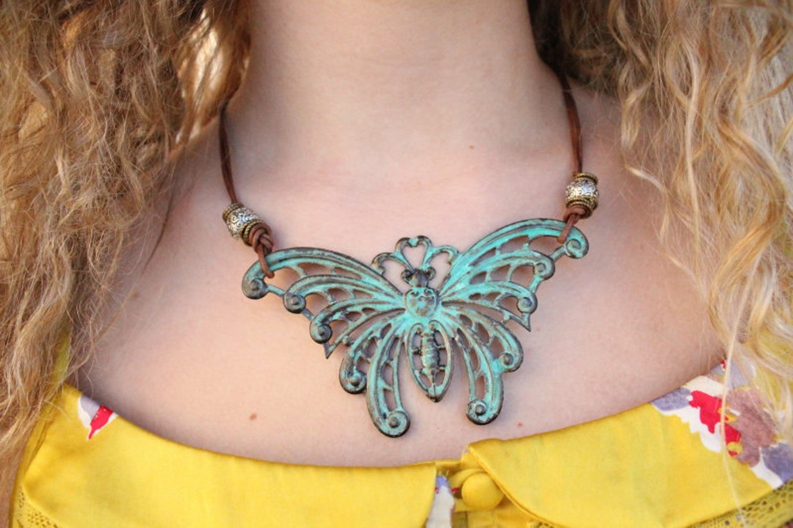 Butterfly Statement Necklace Antiqued Brass With Turquoise Etsy