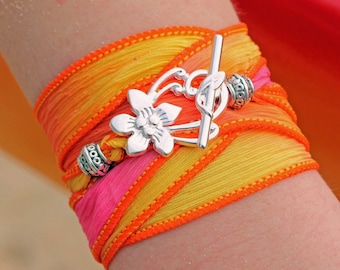 Silk Ribbon Wrap Bracelet: Silver Hibiscus Flower, Island Jewelry