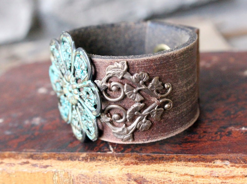 Upcycled Leather Cuff forgotten Garden Bohemian - Etsy