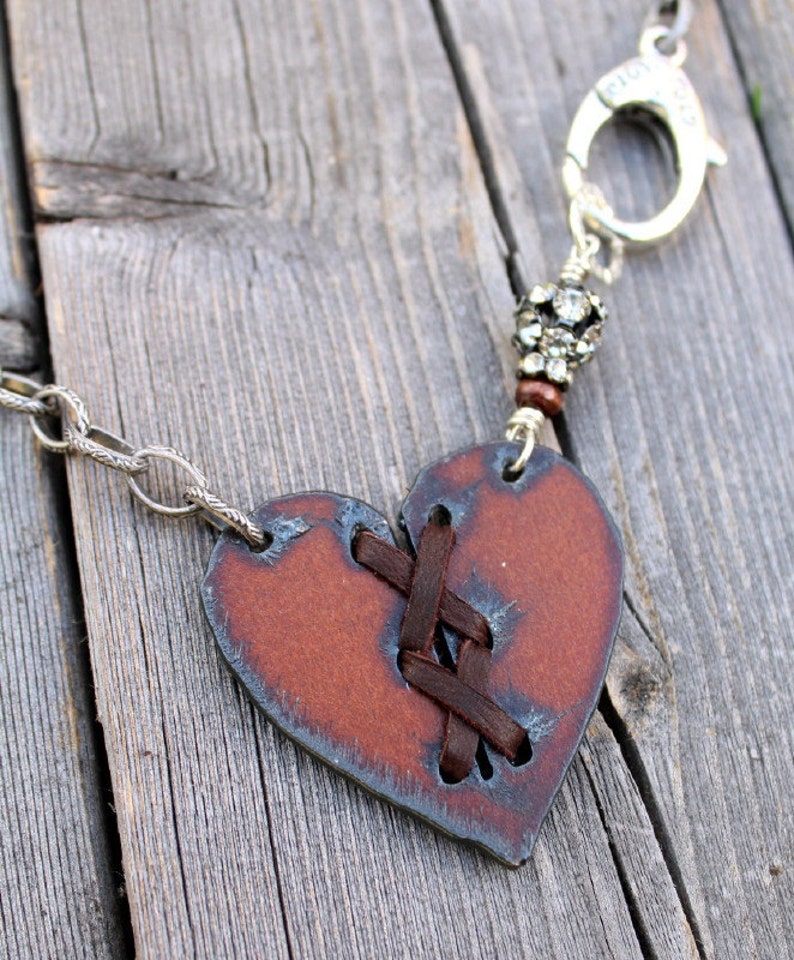 Rusted Iron Heart Bohemian Necklace Cross My Heart, Boho Leather Jewelry image 5