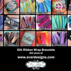 May include: A collection of silk ribbon wrap bracelets in various colors, including Sunset, Navajo, Lemon Sorbet, Lagoon, Carnival, Cajun, Skinny Jeans, Eclipse, Whiskey, Berry Blast, Bahamas, Twilight, Orchids, Saddle, Seafoam, Sunrise, Provence, and Black. Each bracelet features a unique design.