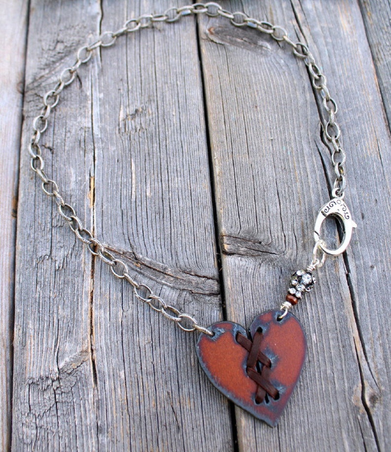 Rusted Iron Heart Bohemian Necklace Cross My Heart, Boho Leather Jewelry image 3