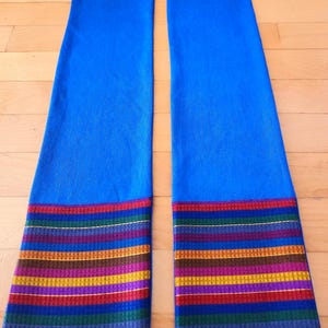 Short blue clergy or wedding officiant stole with multi-colour and gold stripped accent fabric