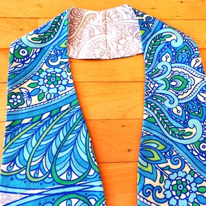 Teal, blue, and green patterned water clergy stole: upcycled fabric, reversible