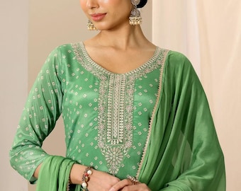 Green Silk Blend Kurta Set with Embroidered Dupatta, 3 Piece Indian Suit Women, Kurta Trouser Set, Festive Wedding Wear