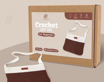 Beginner Crochet Tote Bag Kit | White Brown Yarn, Hook, Pattern (DIY Craft)