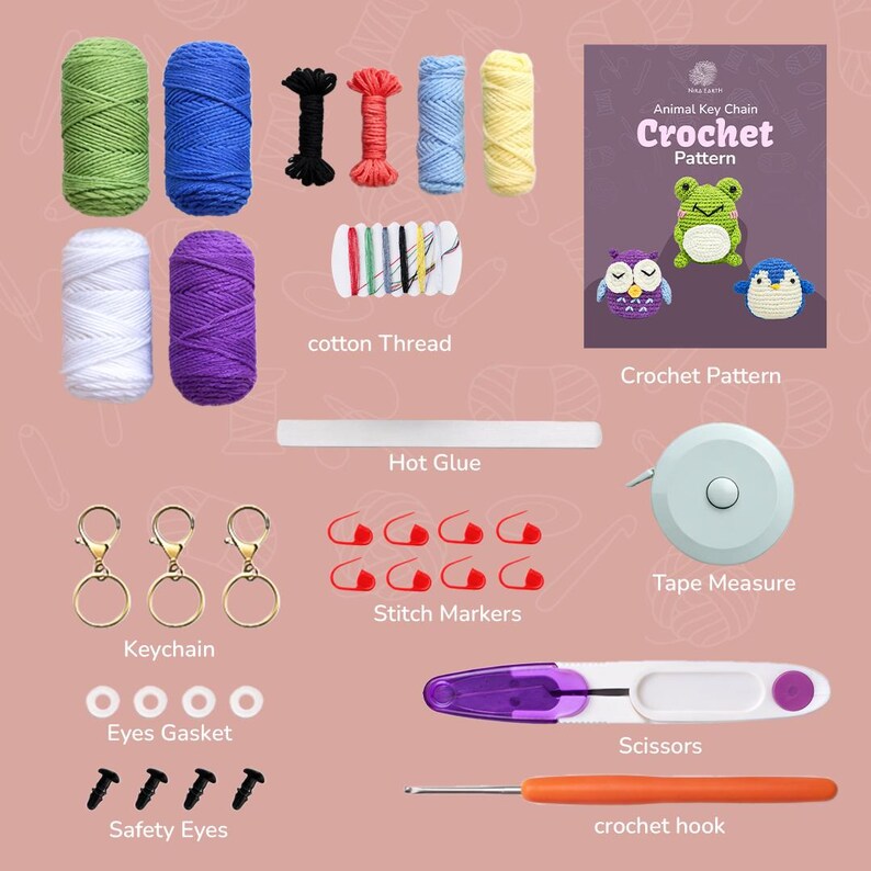May include: A collection of crochet supplies, including colorful yarn, cotton thread, a crochet pattern, hot glue, a tape measure, stitch markers, keychains, eye gaskets, safety eyes, scissors, and a crochet hook. The crochet pattern features animal key chain designs.