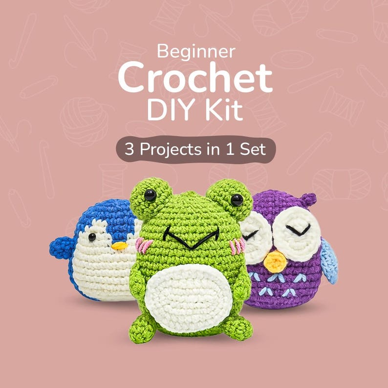 May include: A beginner crochet DIY kit featuring three projects: a blue and white penguin, a green frog, and a purple owl. The kit includes all the materials needed to create these adorable crocheted animals.