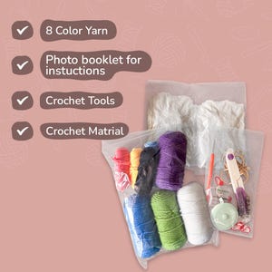 May include: A crochet kit with 8 colors of yarn, a photo booklet for instructions, crochet tools, and crochet material. The yarn colors include blue, green, white, purple, black, yellow, and orange. The kit includes scissors, a tape measure, and crochet hooks.