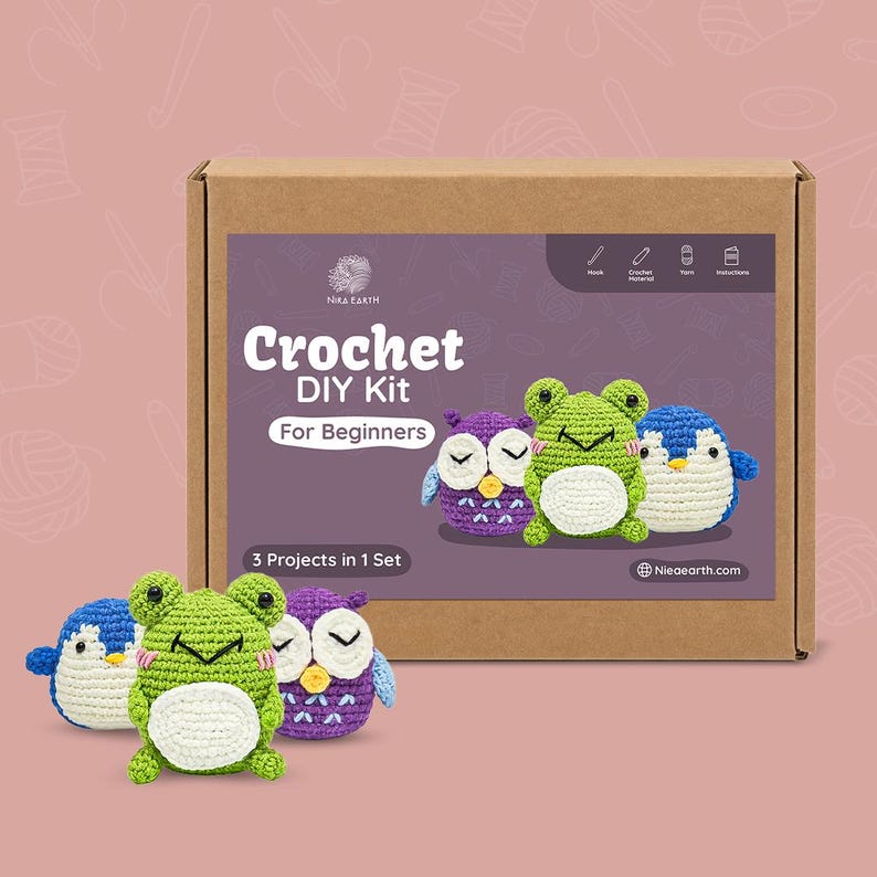 May include: A crochet DIY kit for beginners, featuring three projects: a green frog, a purple owl, and a blue penguin. The kit includes a cardboard box with the text "Crochet DIY Kit For Beginners" and "3 Projects in 1 Set".