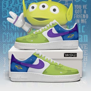 Toy Story Alien Custom Nike Air Force 1 Shoes, Little Green Men Cartoon Sneakers, Green Blue AF1, Unisex Fan Gift