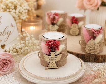 Personalized Baptism Candle Favor, First Communion gift for Guest in Bulk, Rustic Wooden Tealight Holder,Religious keepsake,Christening gift