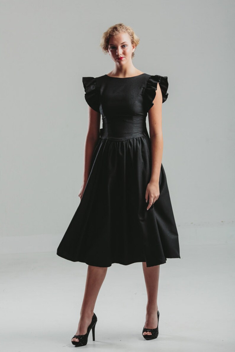 Vintage 50's Black Ruffled Sleeve With Bow Swing Dress / Black Dress / Black Midi Dress / Open Back Dress /1950's / Black Swing Dress image 3