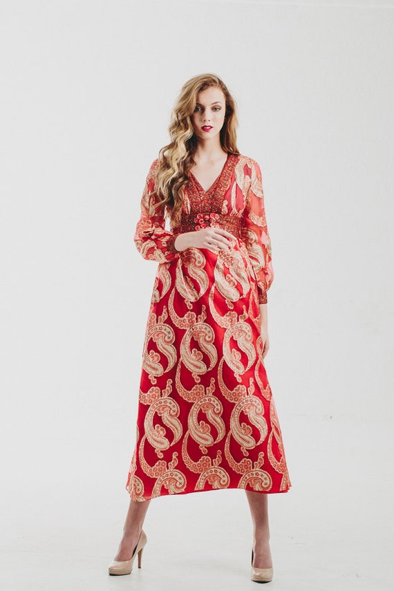 Vintage 60s Red Gold Metallic Dress/ Gypsy Dress /