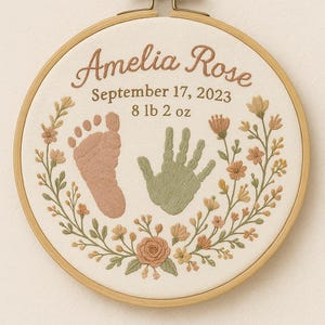 Personalized Baby Birth Announcement Hand Embroidery, Hand and Foot Print Hoop Art, Custom Embroidered Newborn Keepsake, Baby Name
