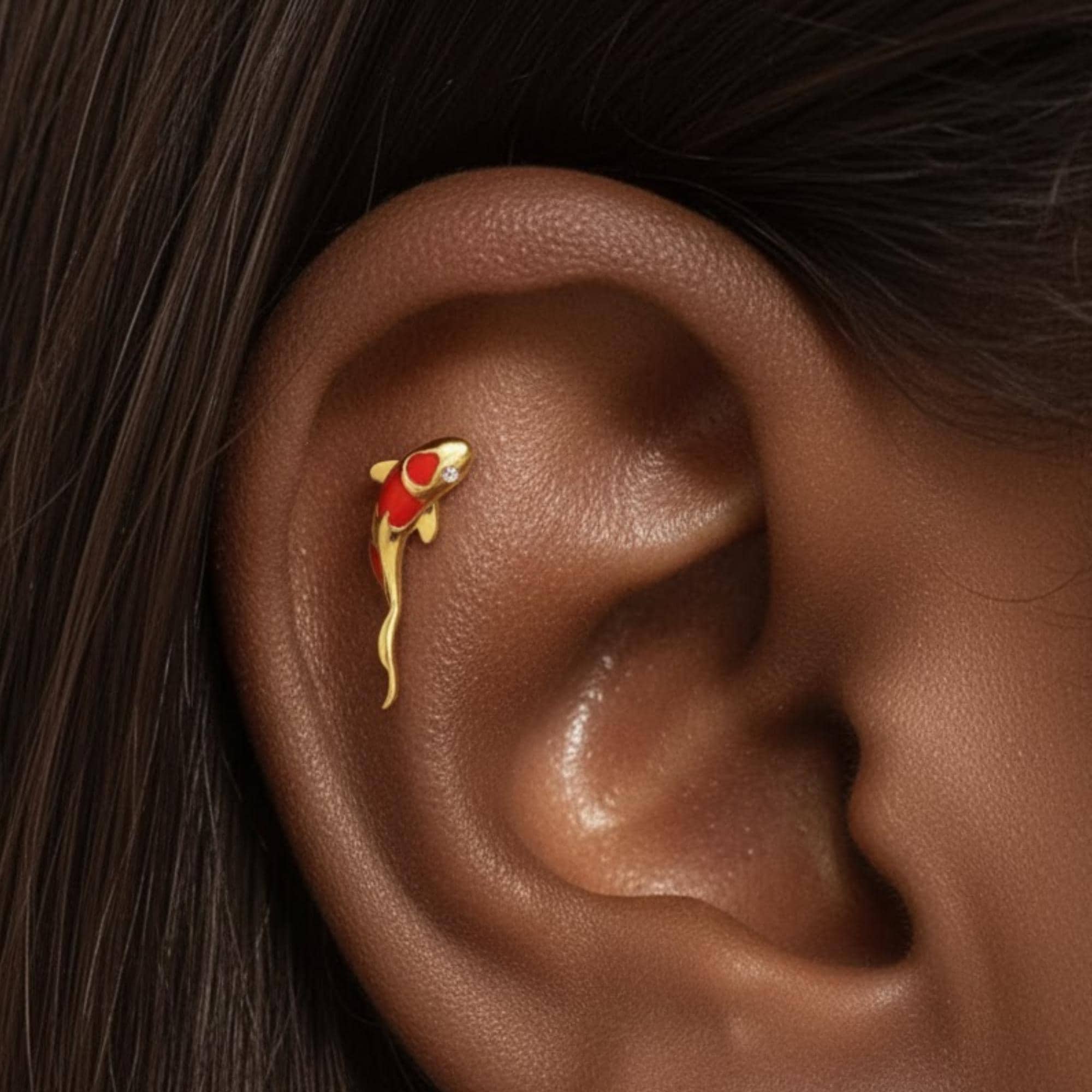 Boucles D'oreilles Pendantes Japonaises - Carpe Koi Dorée à Incrustation De Paillettes, Résine Et Acier
