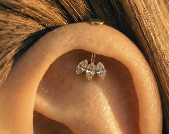 Vertical Helix Titanium Stud Marquise CZ Cartilage Earring Flatback Labret Gold or Silver Dainty Minimal Piercing Internally Threaded