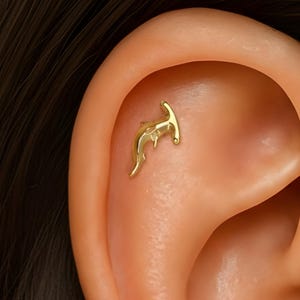 以下が含まれることがあります： 金色のハンマーヘッドシャーク型のイヤリング。イヤリングはスタッドタイプで、耳に差し込むためのポストが付いています。サメは詳細で質感のあるデザインで、耳の皮膚にセットされています。