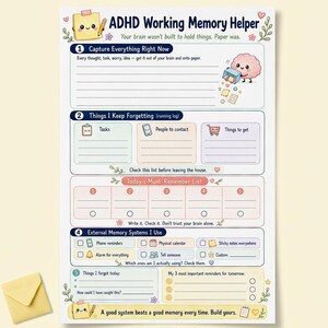 May include: A white ADHD Working Memory Helper planner sheet with pastel accents. It features sections titled Capture Everything Right Now, Things I Keep Forgetting, Today's Must-Remember List, and External Memory Systems I Use with cute illustrations.