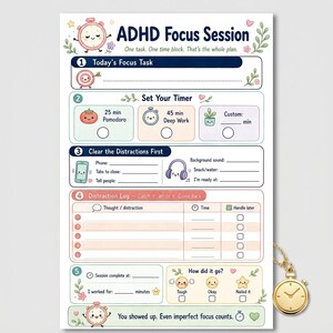 Puede incluir: Una hoja de planificador ADHD Focus Session de papel blanco con ilustraciones en tonos pastel, que incluye secciones para tareas, temporizadores, distracciones y seguimiento del progreso. El texto incluye ADHD Focus Session, Today's Focus Task, Set Your Timer, Clear the Distractions First, Distraction Log y How did it go? Un dije de reloj de bolsillo dorado está sujeto al lado.