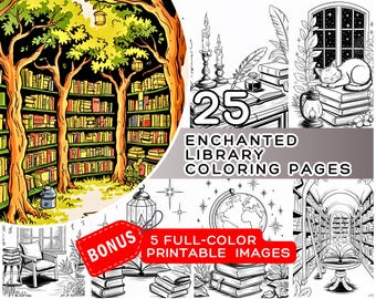 Enchanted Library Coloring Pages - 25 Dark + 25 Light + 5 Color Printable (Digital Download)