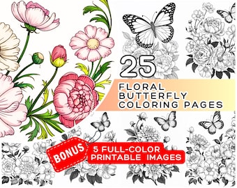 Floral Butterfly Coloring Pages - 25 Dark + 25 Light + 5 Color Printable (Digital Download)