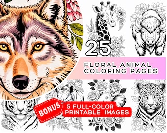 Floral Animal Coloring Pages - 25 Dark + 25 Light + 5 Color Printable (Digital Download)