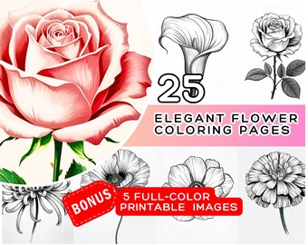 Elegant Flowers Coloring Pages - 25 Dark + 25 Light + 5 Color Printable (Digital Download)