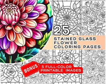 Stained Glass Flowers Coloring Pages - 25 Dark + 25 Light + 5 Color Printable (Digital Download)